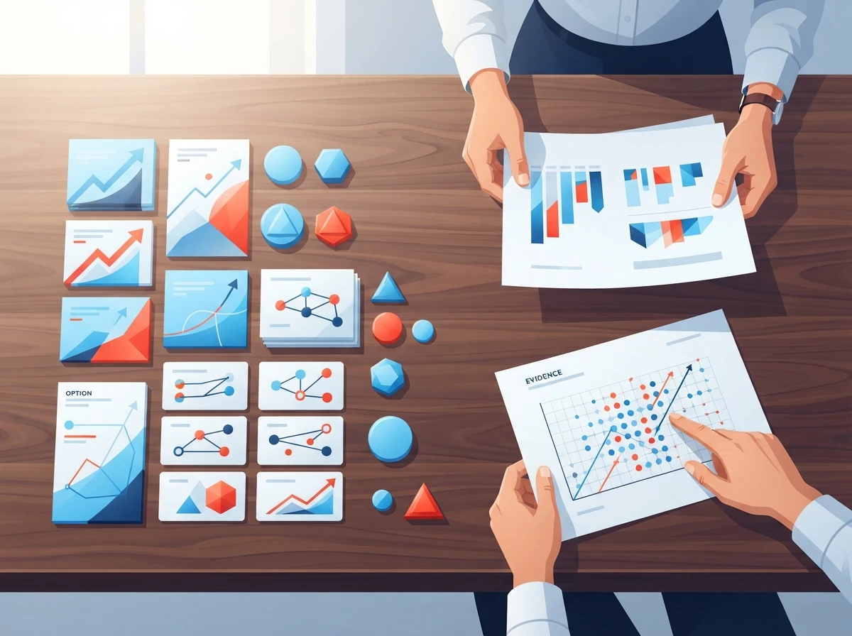 Option cards and evidence sheets show how structured review exposes biased reasoning – decision bias