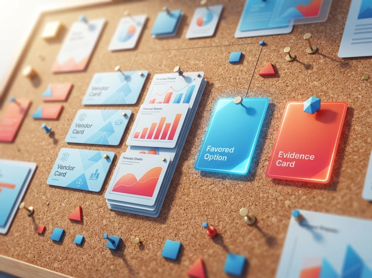 Vendor cards and risk markers reveal evidence clustered around a favored option – cognitive biases