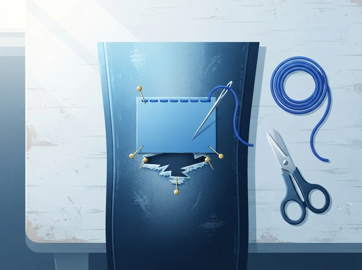 Denim patch and sewing tools - illustrating repairability and long wear through mending – denim repair