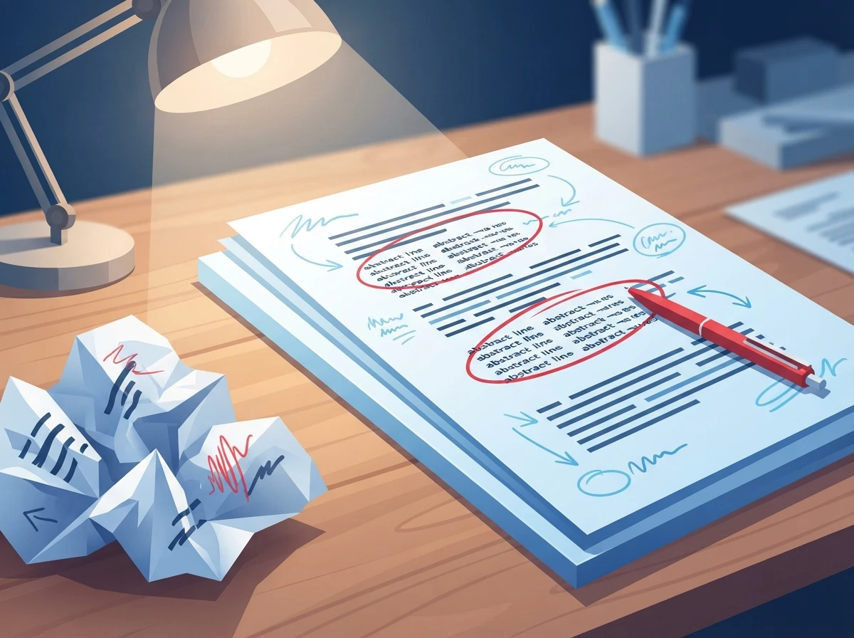 Edited draft pages with repeated phrases marked up — showing why generic AI text gets rejected – samey content