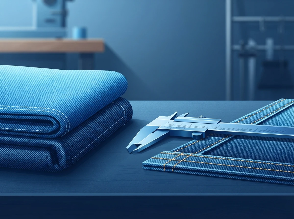 Folded denim and measuring caliper - showing how fabric weight and seams relate to durability – denim durability