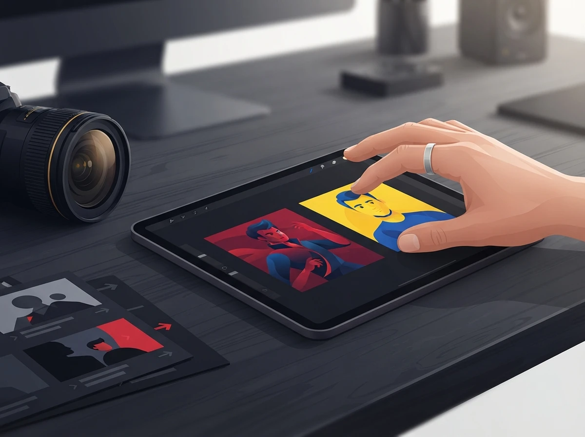 A hand compares motion previews to assess camera movement and subject control – AI animation choices