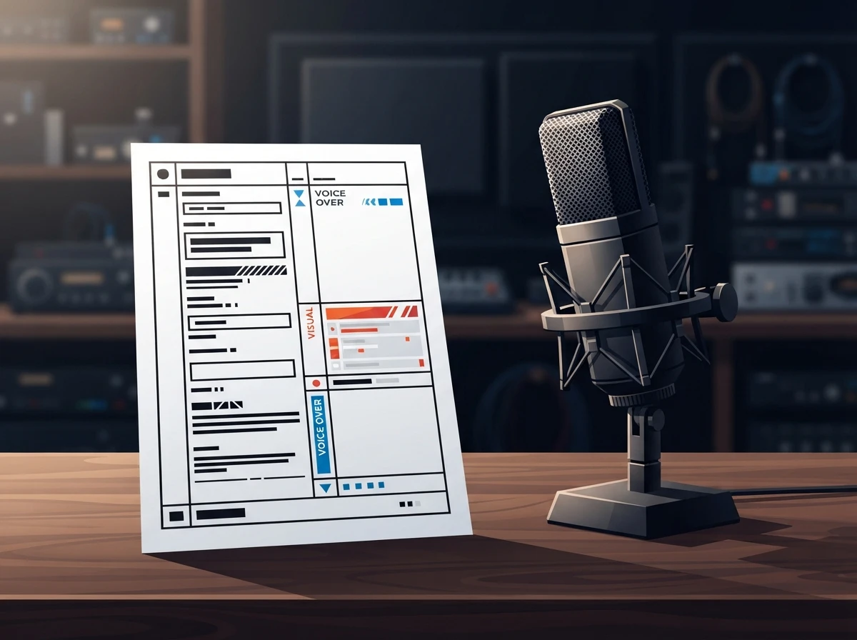 A two-column script beside a microphone, showing how spoken video differs from essay writing – script structure