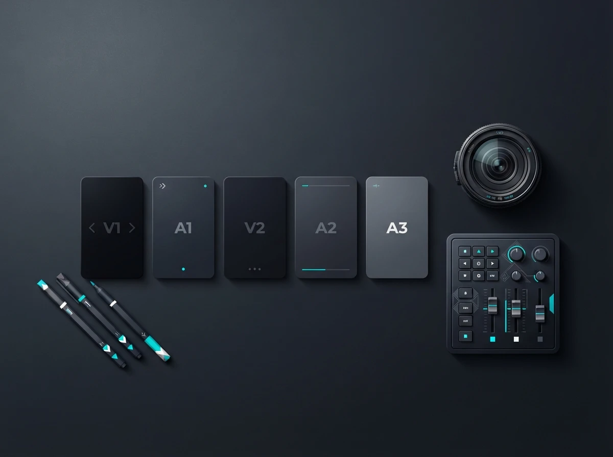 Scene cards, camera gear, and audio controls showing how voiceover coordinates with visuals – audiovisual scripting
