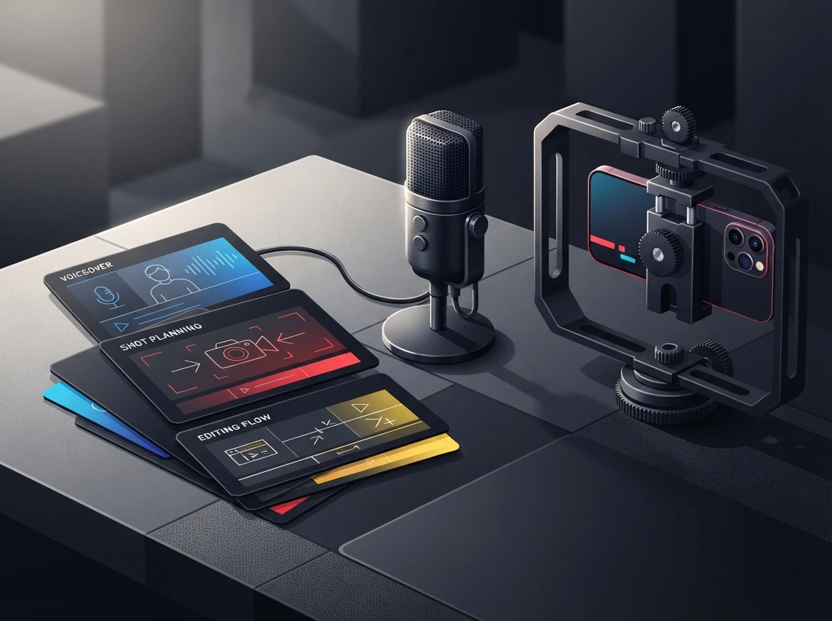 Storyboard cards beside a phone rig showing the parts of a production-ready script – script selection