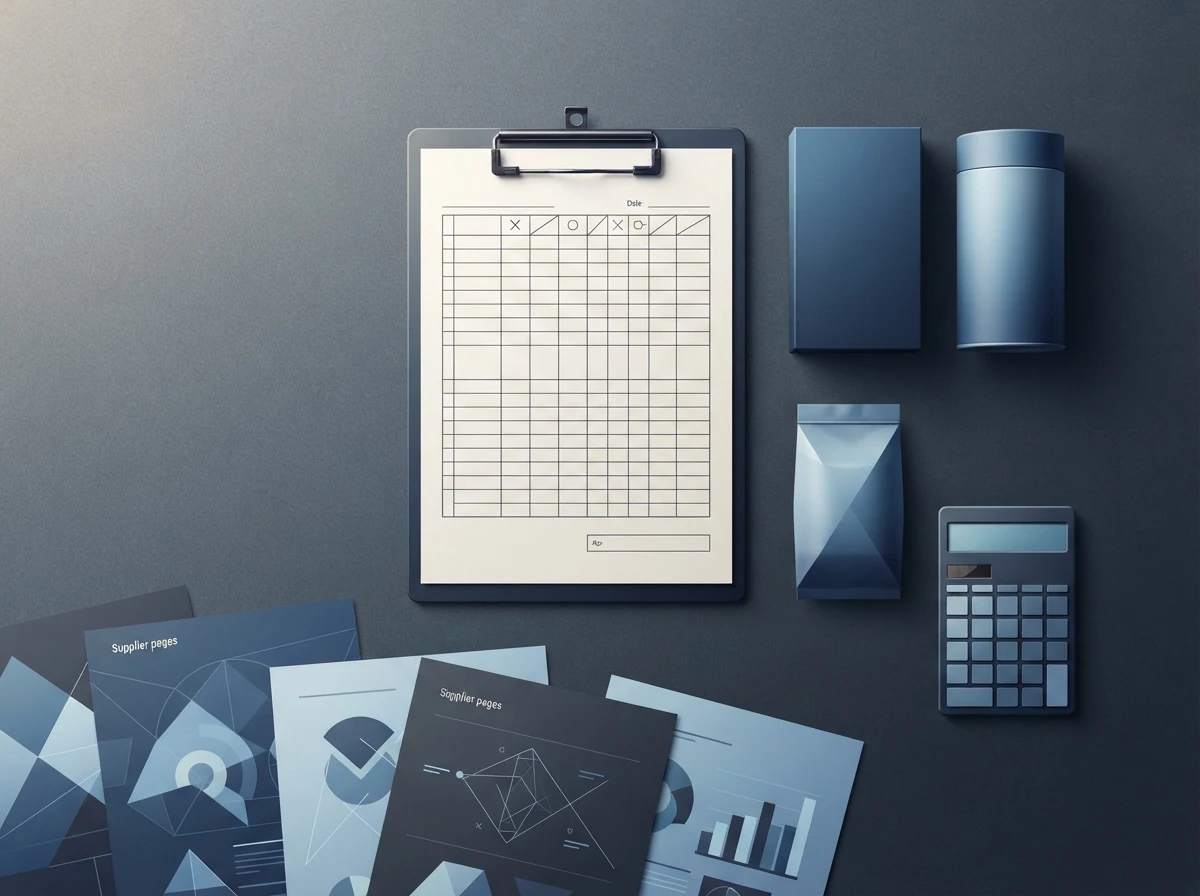 A clipboard scorecard beside product samples and supplier pages, illustrating product-specific scoring templates – scorecard 