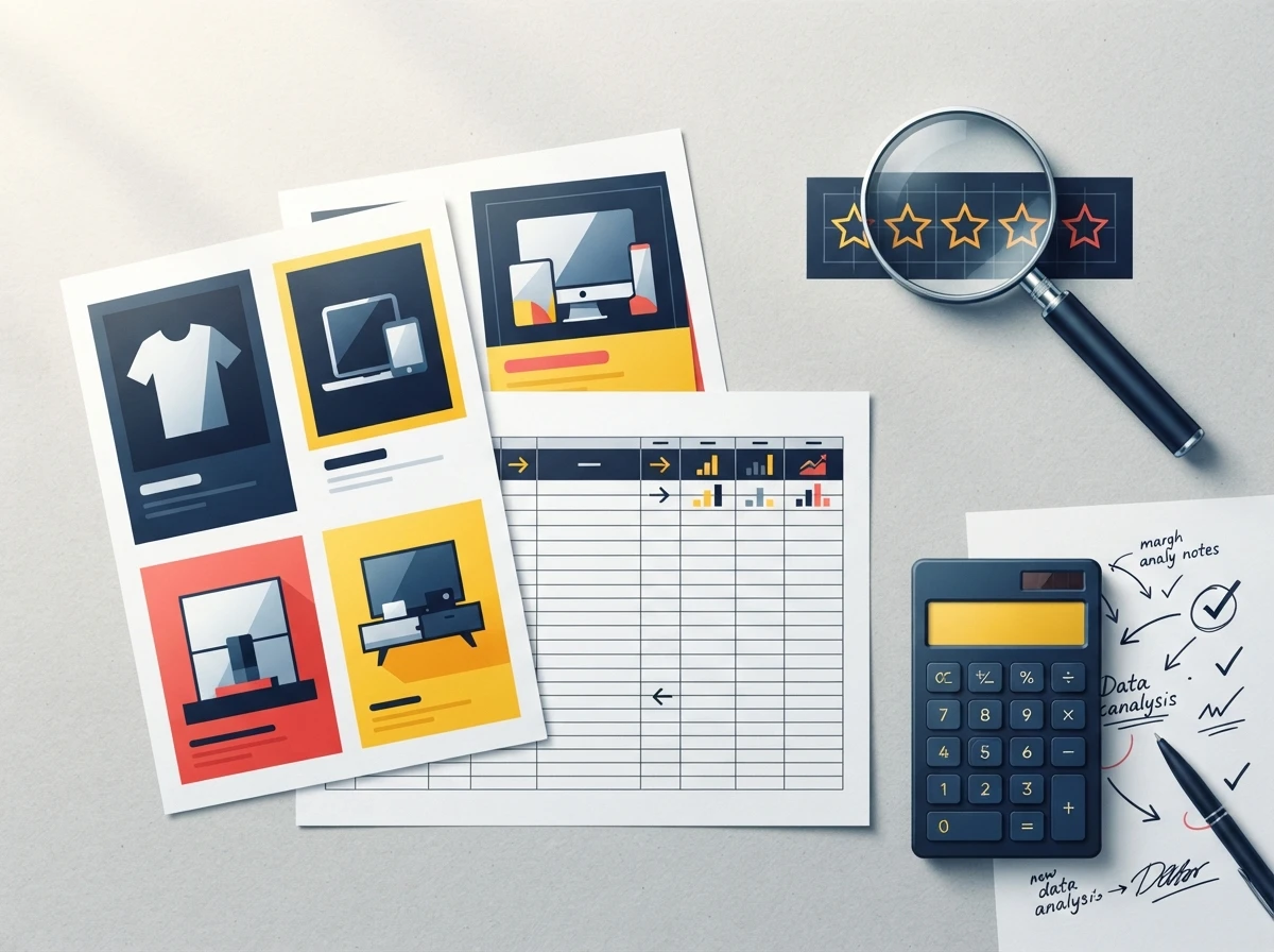 Printed listing metrics and margin notes laid out for evaluating product viability – viability signals