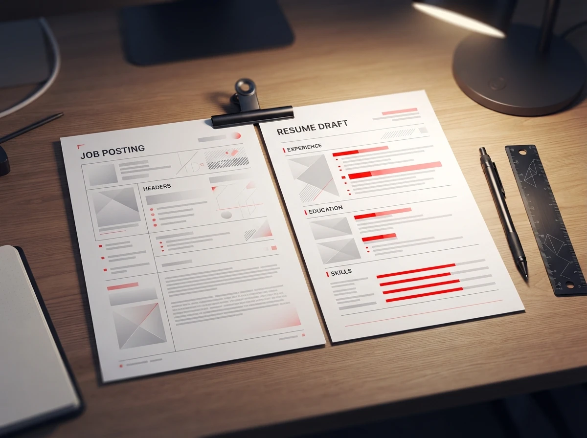 Job posting and resume draft side by side to align keywords and ATS requirements – ATS keyword targeting