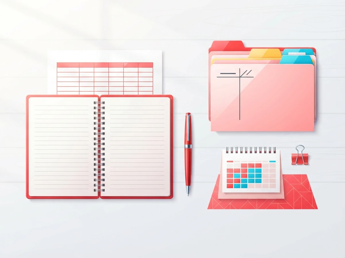 Notebook, folders, and calendar laid out to compare tracking methods for many applications – high-volume tracking