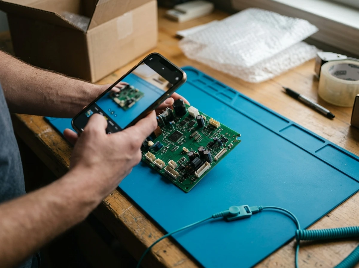 A seller photographs an appliance board’s distinctive corner mark before shipping to document its identity and condition.