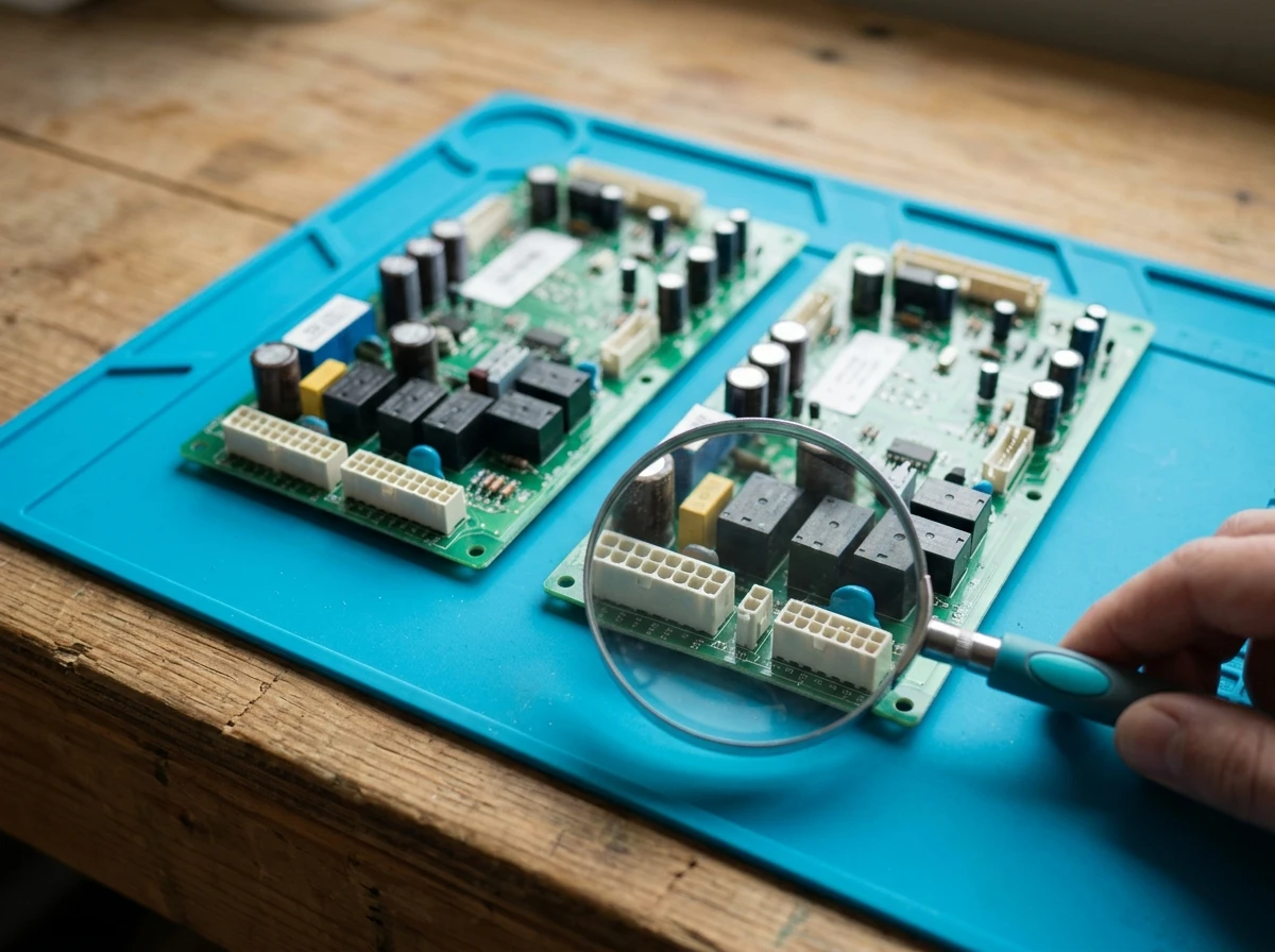 Similar appliance control boards have different connectors, showing why AI cannot verify compatibility from appearance.