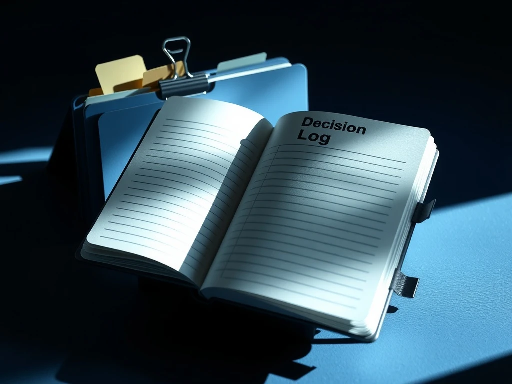 A decision log notebook and tabbed folders showing how to separate sources, current state, and decisions – decision logs