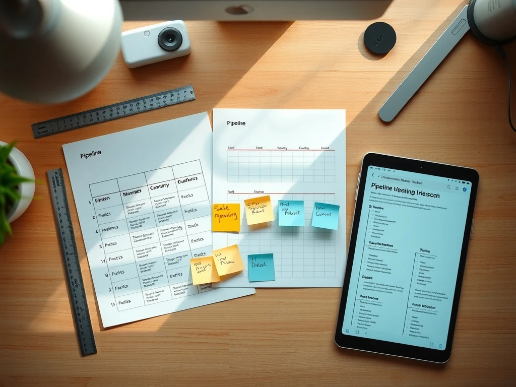 Pipeline worksheets and a tablet showing deal flow - evaluating CRM features for SaaS sales cycles – CRM selection